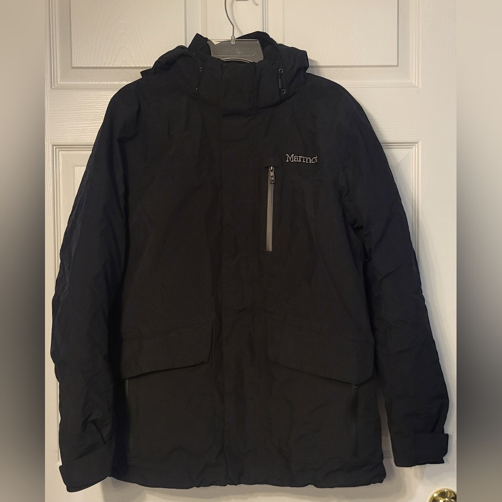 EUC Marmot Yorktown Hooded Featherless Jacket Small Black Quiet Luxury Scandi